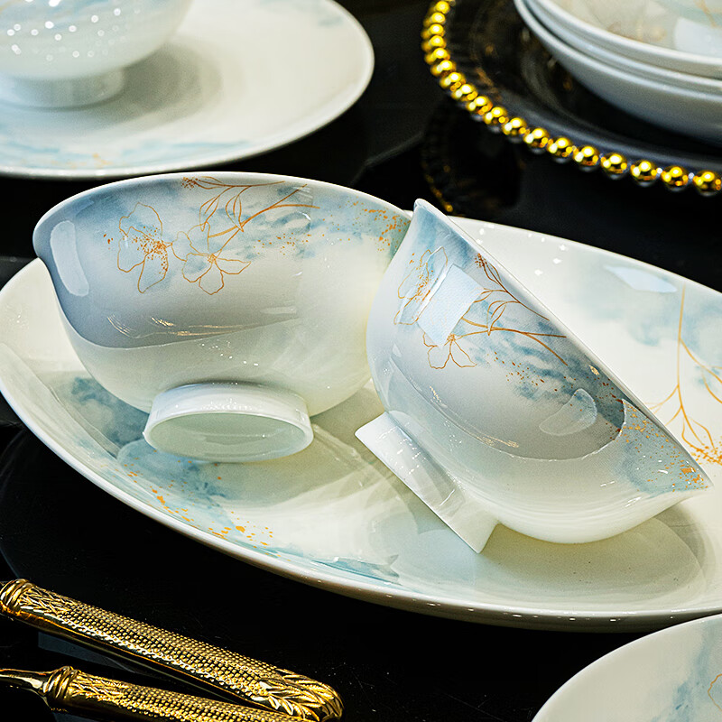 Guoyue Jingdezhen bone china bowls and plates tableware household bowls complete set of underglaze colored bowls and plates combination light luxury housewarming gift bowls and chopsticks Muyun Liunian 5-inch tall bowl 1