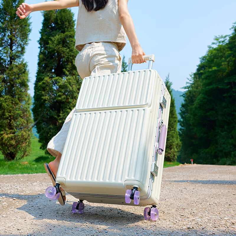 Iman's suitcase trolley case can be carried on the plane, aluminum frame boarding case, women's high-looking suitcase, front opening large capacity box, oxygen green (skating wheel + multi-function) 24 inches (80% choice, 5-7 days travel)