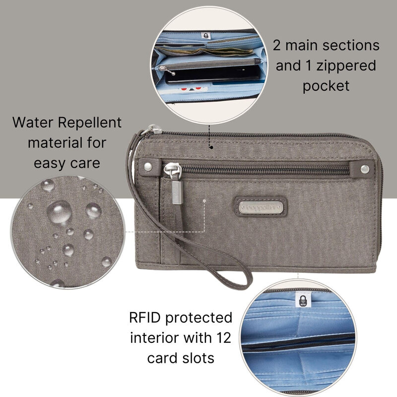 Baggallini zipper wallet for women, 12 card slots, waterproof nylon material, simple and light luxury style, sterling silver glitter, one size fits all