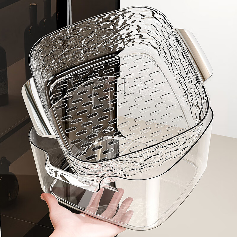 Sailotou double-layer washing and draining basket new home living room coffee table fruit plate thickened vegetable washing basket transparent silver small + medium size