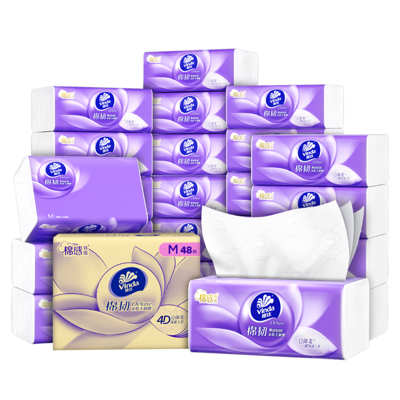Vinda tissue paper, cotton tough 3-layer 100 sheets*48 pack M size, skin-friendly and non-irritating, toilet paper tissue paper, full box