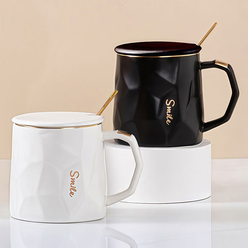 Jiwu Forest Ceramic Mug with Cover Large Capacity Coffee Cup Couple Cup Milk Cup Breakfast Water Cup Men's and Women's Tea Cup White