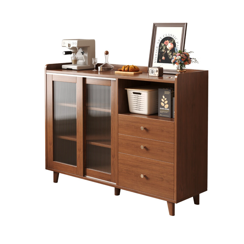 Konosu solid wood Japanese sideboard against the wall integrated living room tea cabinet kitchen storage cabinet storage cabinet bucket cabinet storage cabinet recommended丨sliding door walnut color 100*34*97cm self-installation