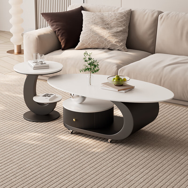 House style light luxury high-end living room household 2025 new movable slate small coffee table combination small apartment sofa side table black frame black cabinet + snow mountain white slate (combination) 100*55*45