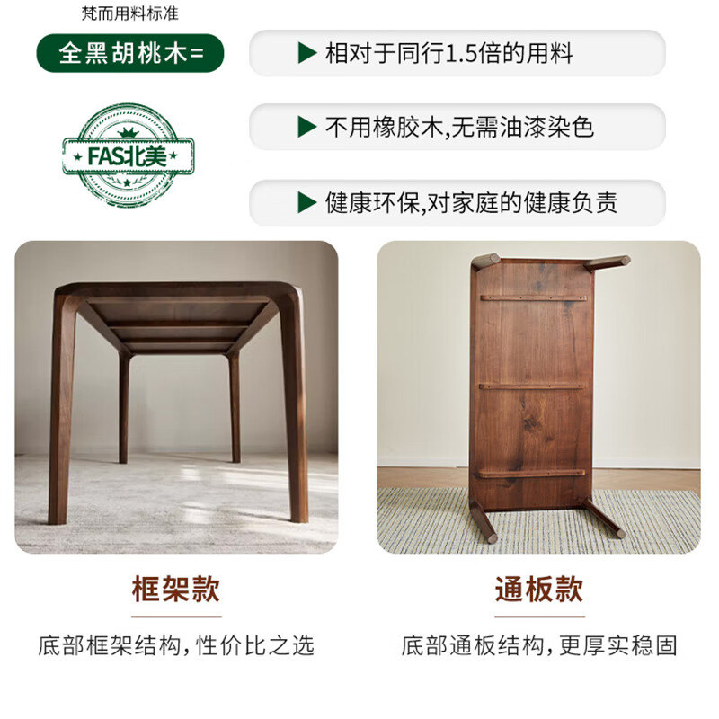 Faner solid wood dining table North American black walnut home rectangular dining table office tea table large plate straight dining table Moon dining table 160*80*75cm frame