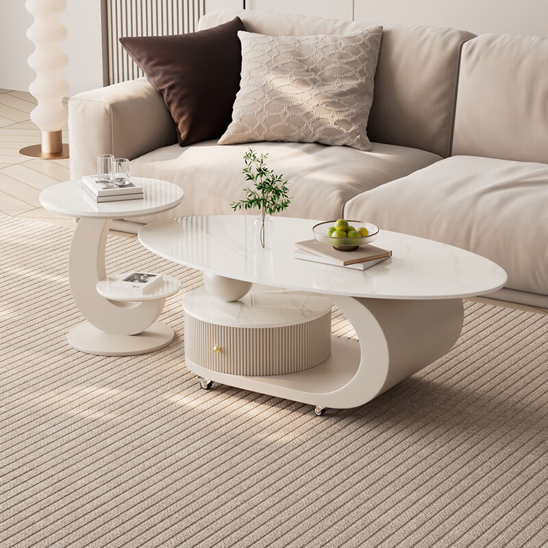 House style light luxury high-end living room household 2025 new movable slate small coffee table combination small apartment sofa side table black frame black cabinet + snow mountain white slate (combination) 100*55*45