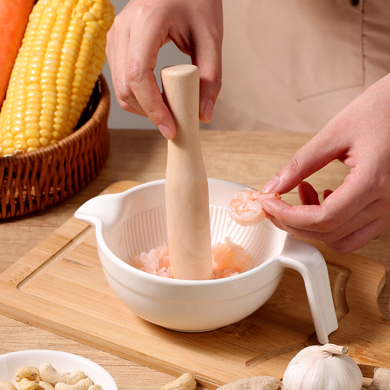 Baijie ceramic grinding bowl baby food supplement grinder baby rice paste bowl with grinding rod household manual grinding tableware