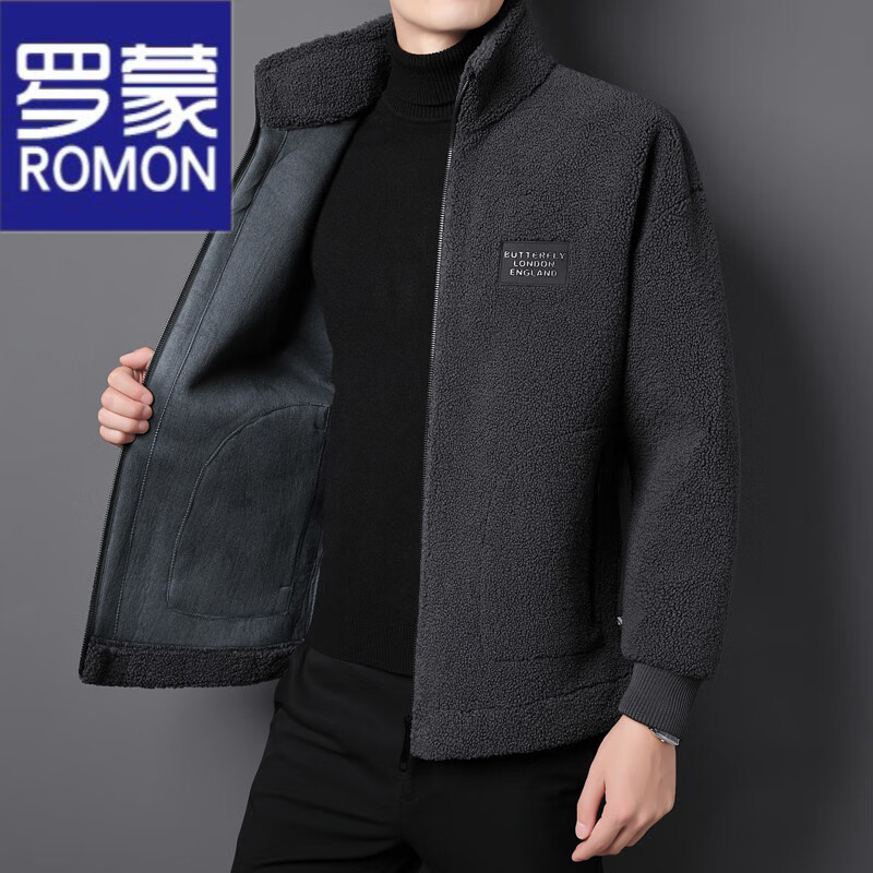 ROMON brand autumn and winter new thickened lamb velvet jacket men's trendy fat man large size warm polar fleece stand collar jacket for men dark gray with letters on the back 2XL 150-170 catties