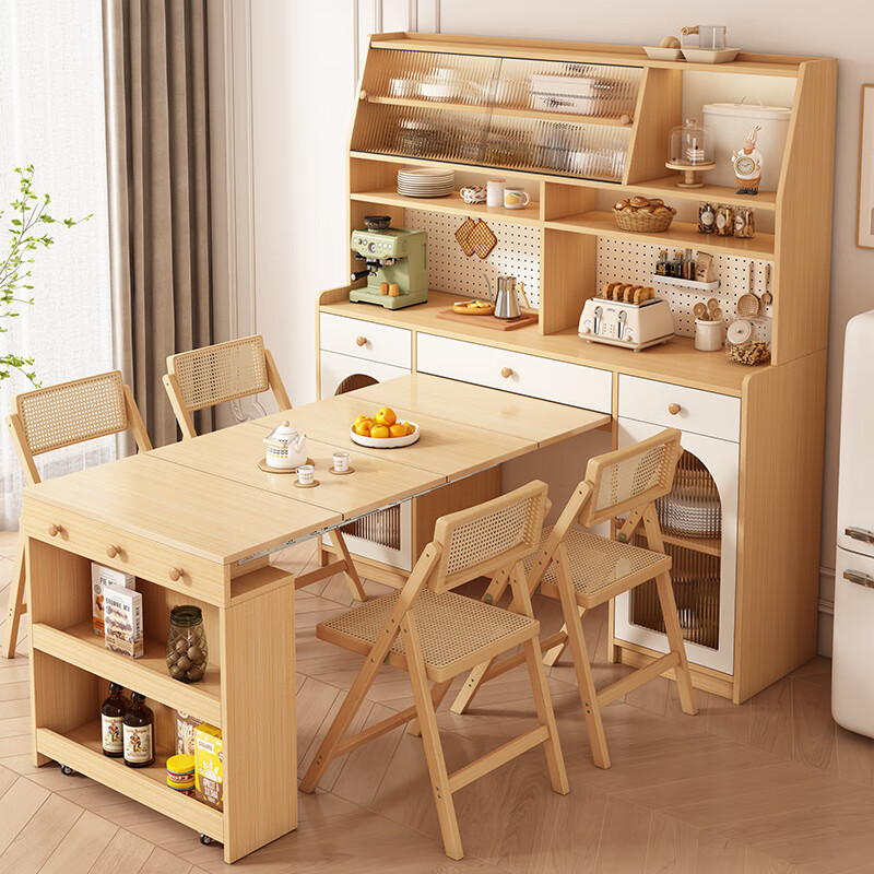 Maixiu solid wood sideboard and dining table integrated retractable and foldable small apartment living room home wall wine cabinet storage rack solid wood sideboard 120CM + retractable dining table-log cream color