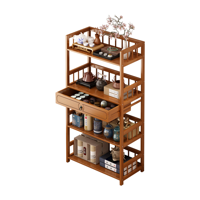 Baizhong tea rack storage rack bamboo non-solid wood tea rack storage cabinet living room small Bogu rack tea room multi-layer tea set rack three-layer simple style 50 long