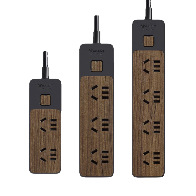 Bull ultra-thin socket wall-mounted flat plug flat household wall narrow slot plug-in strip with wire wood grain plug-in drag strip full length 3 meters 6 plugs (3 5 holes + 3 2 holes) R3330