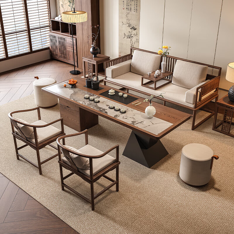 Ji gift Song Dynasty aesthetic ash wood Arhat bed tea table and chair combination new Chinese style solid wood sofa coffee table set 2026 new style ash wood 1.8m tea table + 1.8m Arhat bed + 1.6m imperial concubine couch + 2 main chairs + stool