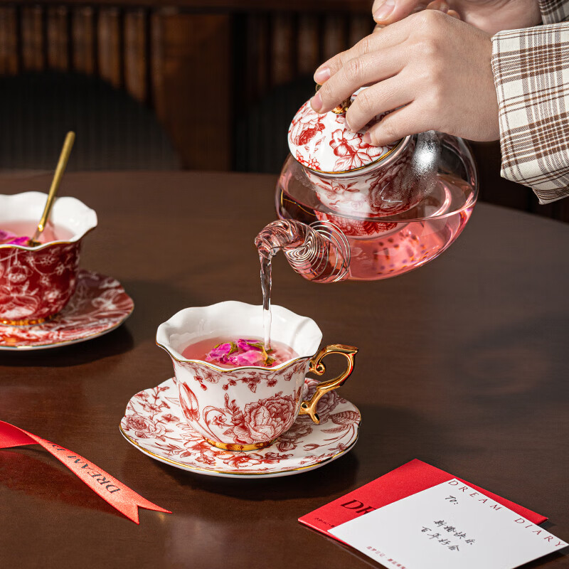 Dream Diary Real Bone China Rose Xinyi Engagement Wedding Gift for the Bride to Wedding Best Friend Flower Teapot Four Cups Haute Couture Gift Box-Rose Xinyi Pair of Cups