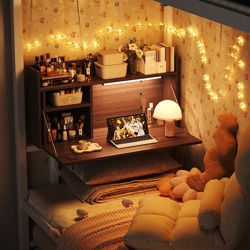 Dormitory bed desk computer table spreader artifact suspended student bed desk lazy table dormitory folding small table F style warm white 1 door + keyboard tray