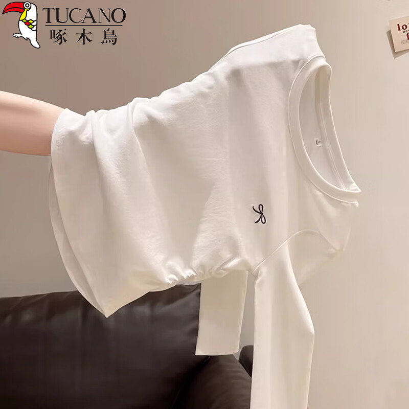 Woodpecker Right Shoulder Long Sleeve T-Shirt Women's Round Neck Bow Embroidery Autumn New Pleated Waist Bottoming Top White M