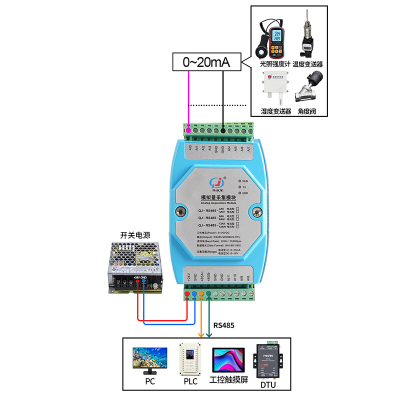 Yuechangsheng signal remote collector analog input module 0-20mA to RS485 communication current voltage 4-way analog input voltage type