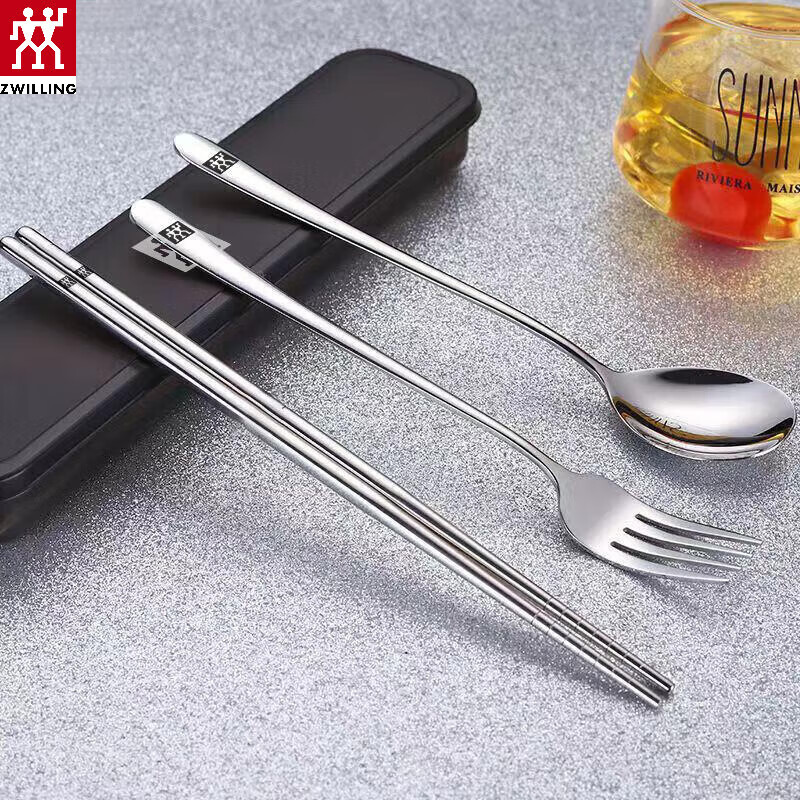 ZWILLING Zwilling German chopsticks, spoons and forks set, portable tableware, stainless steel chopsticks, three pieces, 304 sets of white box sets, spoons, forks and chopsticks