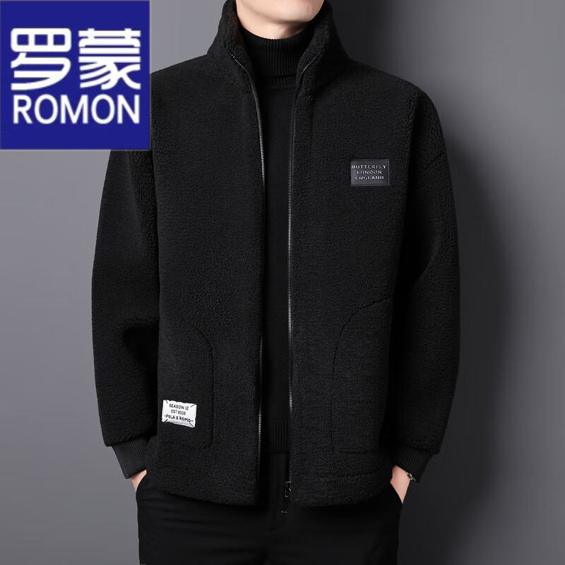 ROMON brand autumn and winter new thickened lamb velvet jacket men's trendy fat man large size warm polar fleece stand collar jacket for men dark gray with letters on the back 2XL 150-170 catties