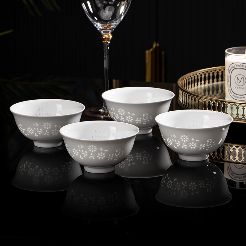 Jingdezhen exquisite porcelain rice bowl household soup bowl eating bowl ceramic tableware bowl 4.5 inch rice bowl set of 4