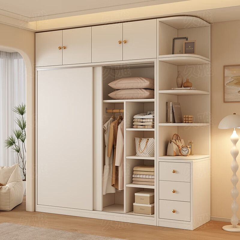 Jiuya package installation wardrobe bedroom home sliding door cream style combination cabinet practical wardrobe wooden large wardrobe 100*200*50 main cabinet