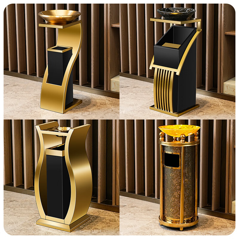 Runkai hotel lobby stainless steel trash can commercial office building vertical elevator corridor KTV sanitary bucket with ashtray small waist black gold