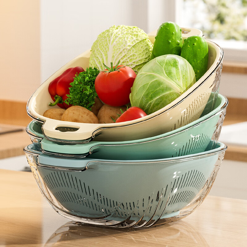 Qinkai living room large double-layer plastic sink drain basket vegetable basket kitchen storage basket shopping basket household fruit basin 281 large transparent blue single pack