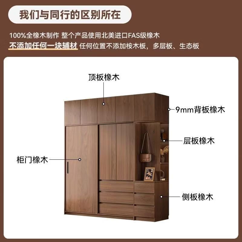 Qu Bainian master bedroom wardrobe antique style oak sliding door wardrobe bedroom home sliding door storage locker Nordic walnut color 1.2 meters oak sliding door wardrobe