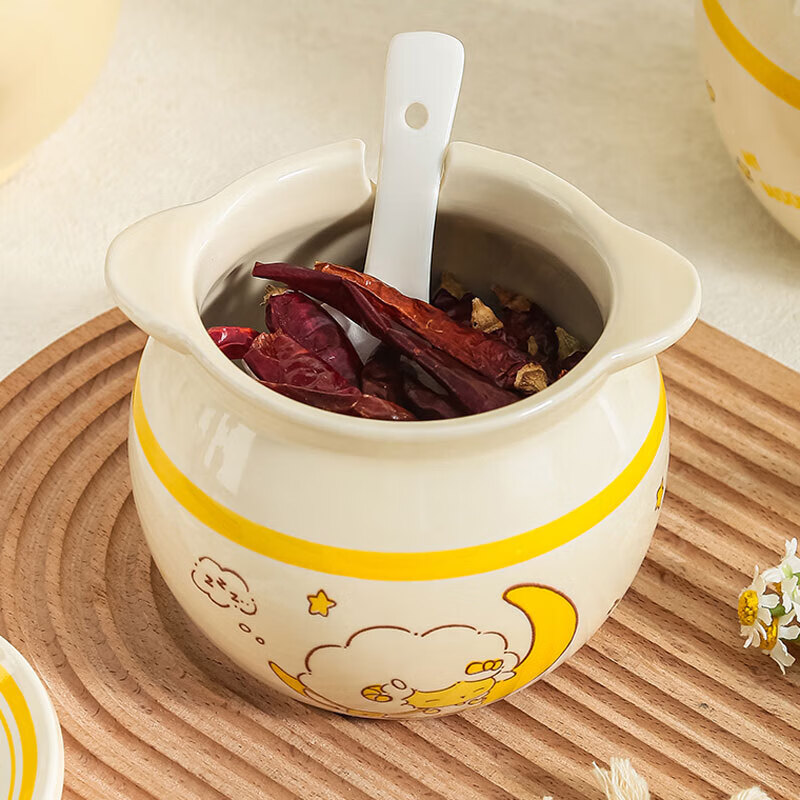 New thickened lard jar large capacity household ceramic with lid high temperature resistant food grade kitchen salt shaker seasoning jar cream puppy large size about 1400ML+lid+spoon