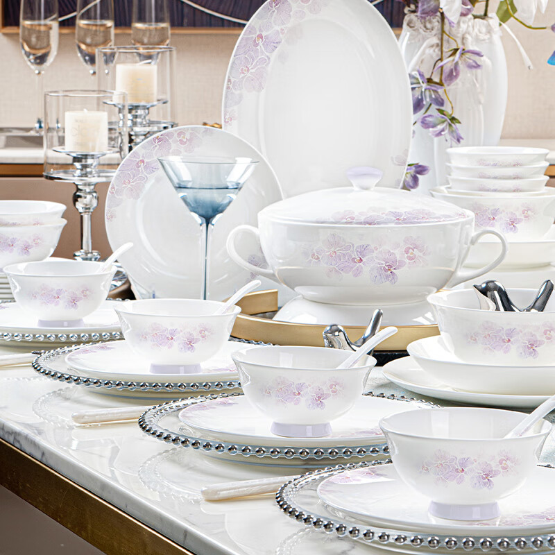 NINE CRANES Jingdezhen 2025 new high-end ceramic bowl set simple home gift light luxury bowl and plate set 66-piece set | high-end gift box | free shipping insurance