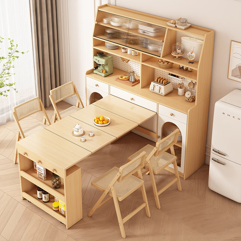Maixiu solid wood sideboard and dining table integrated retractable and foldable small apartment living room home wall wine cabinet storage rack solid wood sideboard 120CM + retractable dining table-log cream color