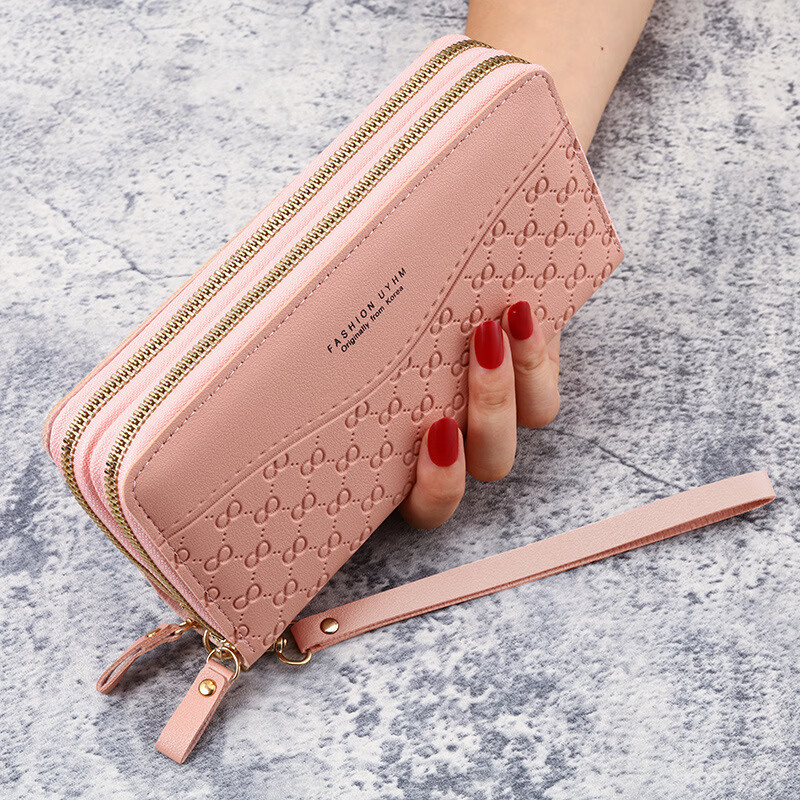 Muni 2026 New Wallet Women's Long Zipper Wallet Embossed Large Capacity Mom Mobile Phone Coin Clutch Passport Double-layer Zipper Wallet Pink 19.5*3.5*10