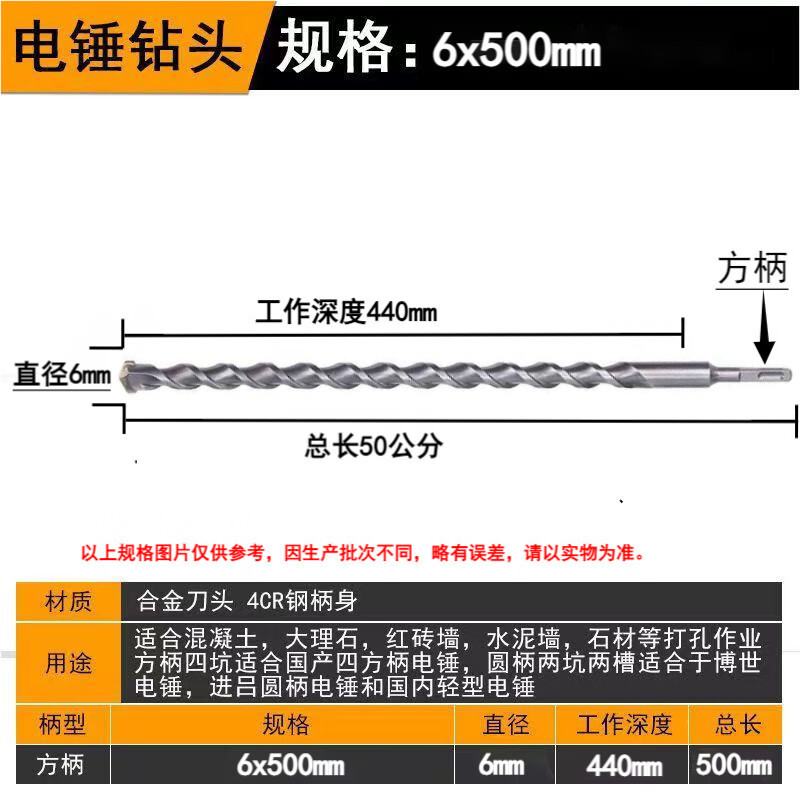 Parrot extended electric hammer impact drill bit to penetrate the wall and drill concrete rock 50-80 cm square shank round head alloy drill bit 6mm diameter square shank four pits total length 50 cm