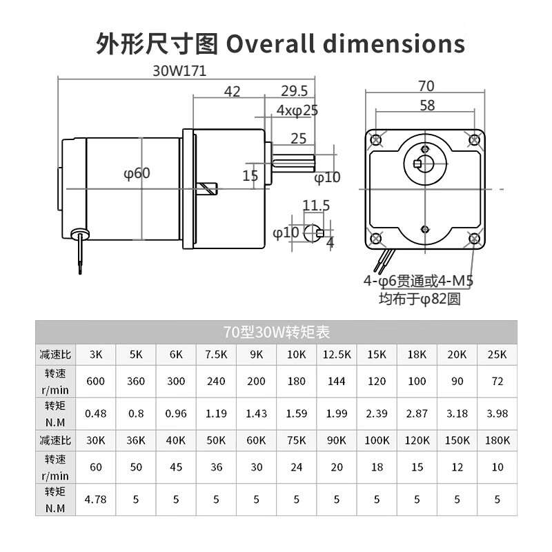 Yue Changsheng DC reduction motor 30W speed regulating motor slow speed micro motor 12V24v gear high torque motor gear box 3.6K (500 rpm one minute) 10MM shaft 12V motor