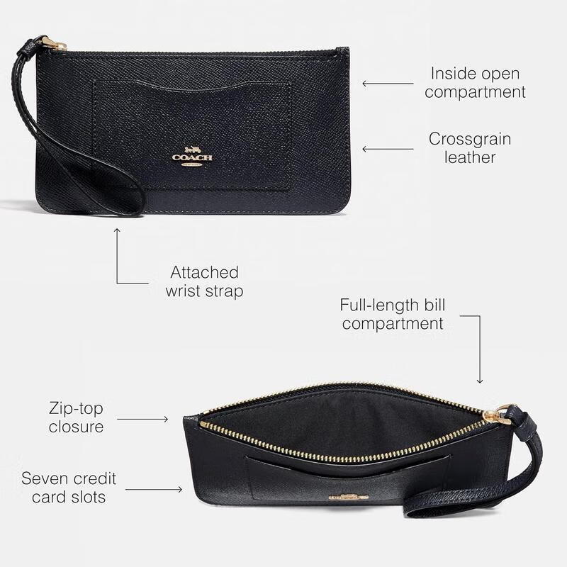 COACH Women's Multi-Layered Leather Zipper Wallet Lightweight and Practical for Storing Small Things with Wristband as a Gift for Your Girlfriend Midnight ONE SIZE