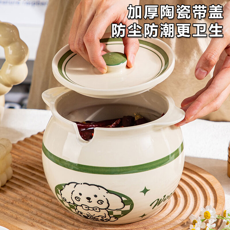 New thickened lard jar large capacity household ceramic with lid high temperature resistant food grade kitchen salt shaker seasoning jar cream puppy large size about 1400ML+lid+spoon