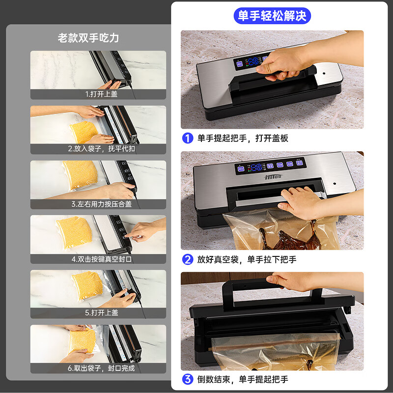 HITOS commercial vacuum sealing machine compression exhauster vacuum machine wet and dry fully automatic household fresh-keeping packaging machine dual pumps 100kpa large suction/pull rod design 100kpa dual pumps/dual motors/recommended for home and business use