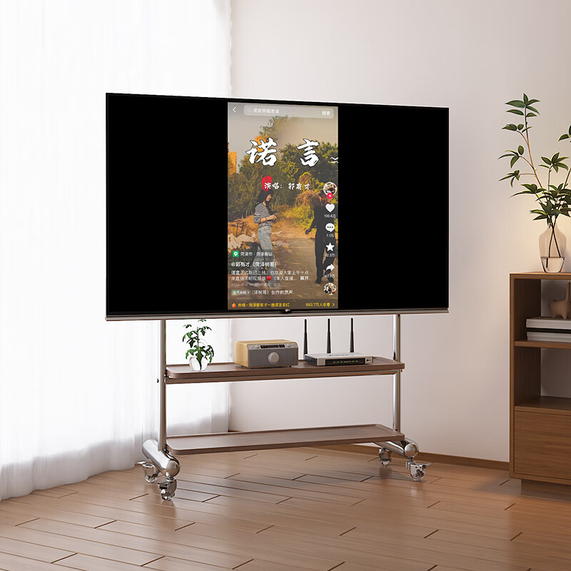 Medieval style TV stand floor-standing movable with wheels living room bedroom simple hanging rack 32-70 inches for home use H double layer stainless steel + perforated plate/crystal wheel