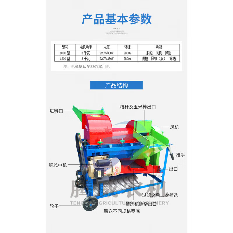Pupan small multi-functional threshing corn, soybean, sorghum, rapeseed, bract, rice, millet, fully automatic peeling and tearing, single ventilator, the whole machine does not include a motor_ enhanced version