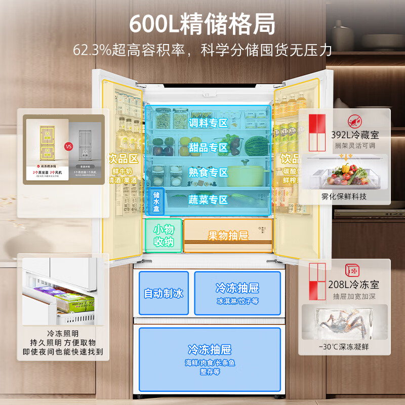 Toshiba's annual machine king Dabaili 600L French multi-door refrigerator 638 dual system ice making embedded ultra-large capacity household frequency conversion GR-RF638WI-PM1 national subsidy