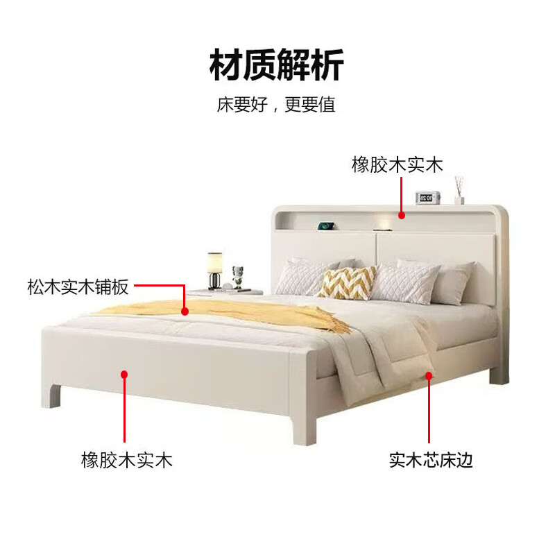 Engelberg solid wood bed rubber wood 100% pure solid wood 1.5m double bed single bed simple bedroom large bed rental room bed single bed cream white soft cover 1.8*2m frame structure