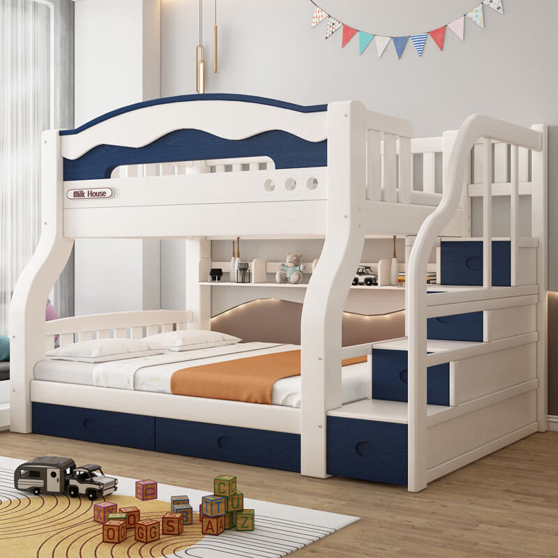 Solid wood double bed and bunk bed, two-story multi-functional bunk bed combination bed, high and low bed, bold and thickened children's bed, cabinet ladder, upper bed width 130 cm, lower bed width 150 cm (comes with bookshelf)