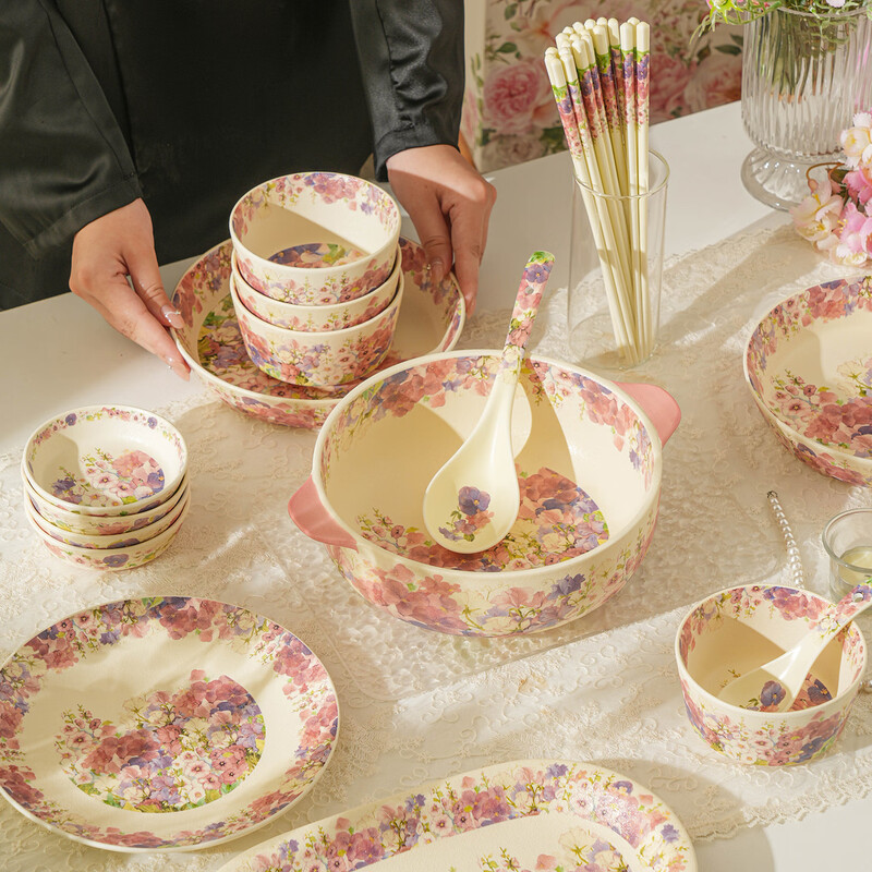 Huadian Blossoms Ceramic Bowl Housewarming Birthday Gift Ladies Wedding Tableware Wedding Souvenir Gift Box Set Gift Box Set Sweet Food for 2 People 15-piece Set