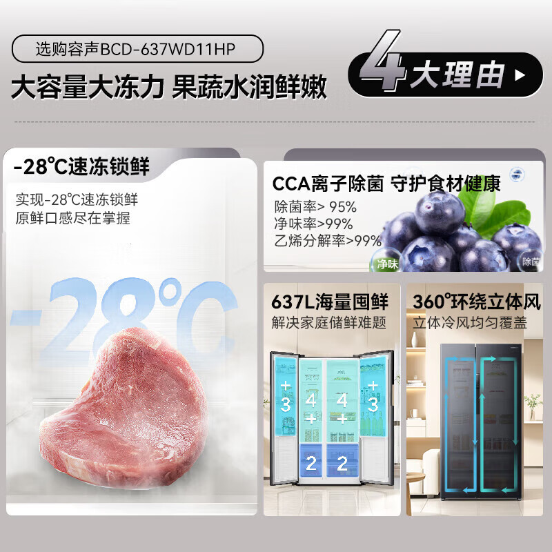 Rongsheng 637-liter double-door door-to-door refrigerator household first-class air-cooled frost-free frequency conversion energy-saving ultra-thin large capacity BCD-637WD11HP trade-in national subsidy aircraft carrier capacity 637-liter refrigerator first-class energy efficiency dual frequency conversion