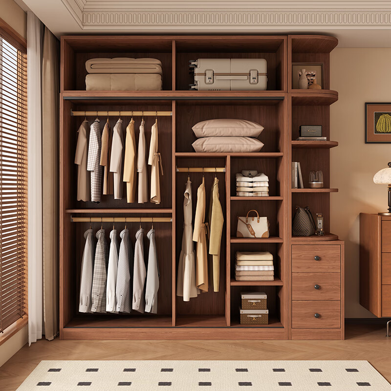 Huixun Free Installation Wardrobe Bedroom Wooden Furniture Sliding Door Walnut Color Home Storage Wardrobe Cabinet 160*200*50 Main Cabinet + Top Cabinet