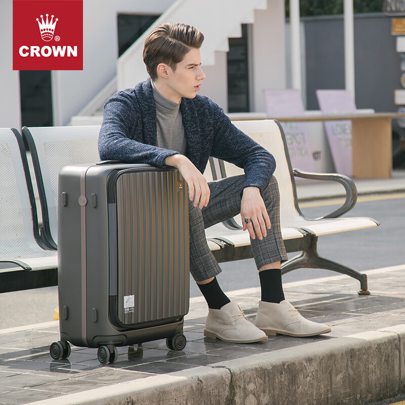 CROWN Trolley Case Zipper Aluminum Frame Suitcase Universal Wheel Front Opening Cover Side Opening Suitcase Travel Case 5278 Iron Gray Zipper 25 inches Need to be checked in