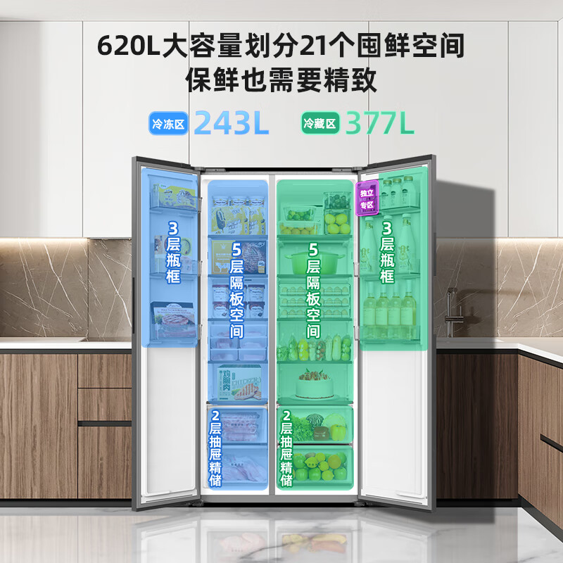MeiLing Storage Division | 620-liter side-by-side double-door two-door household refrigerator 63.5cm ultra-thin body large capacity refrigerator first-class energy efficiency air-cooled frost-free subsidy refrigerator MeiLing Storage Division BCD-620WPCX Elegant Gray