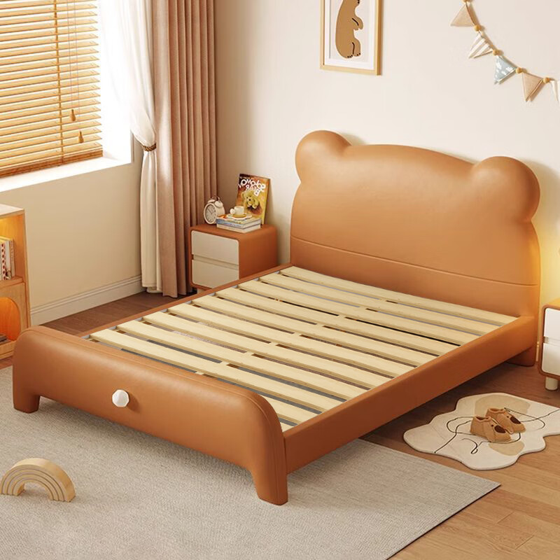 Cream style bear leather bed small apartment second bedroom single bed 1.5 meters children's bed boy girl princess bed new style bed + 20cm spring brown cushion free installation 1200mm*2000mm frame structure