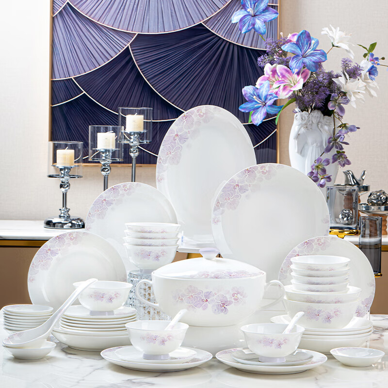 NINE CRANES Jingdezhen 2025 new high-end ceramic bowl set simple home gift light luxury bowl and plate set 66-piece set | high-end gift box | free shipping insurance