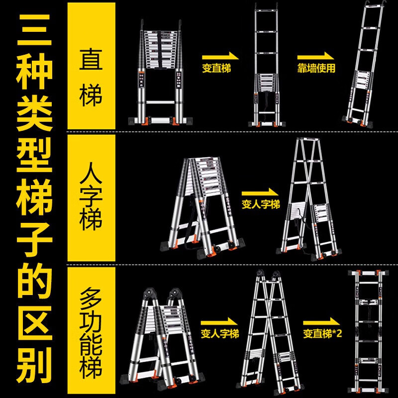 Stainless steel telescopic ladder multi-function joint dual-purpose herringbone ladder folding household ladder engineering staircase wholesale single-sided telescopic straight ladder 2.6 meters stainless steel model