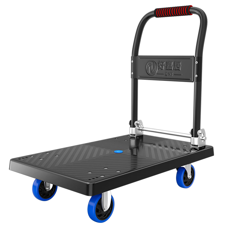 Haojiaju folding flat trolley, double steel tube load capacity 500 catties, 72*46cm, 4-inch wear-resistant wheels, hand-pushed cargo handling small trailer decoration factory